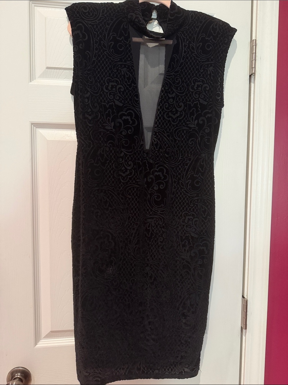 Auditions VINTAGE Black Velvet Burnout Midi Dress with Deep V